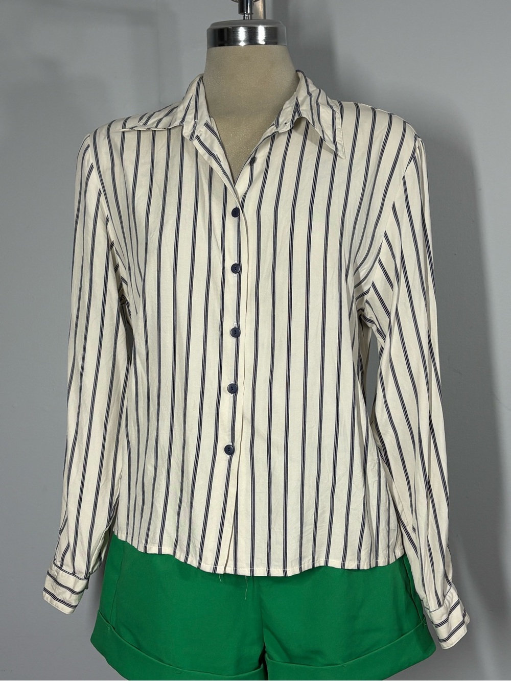Classic Cream and Navy Vertical-Stripe Button Blouse